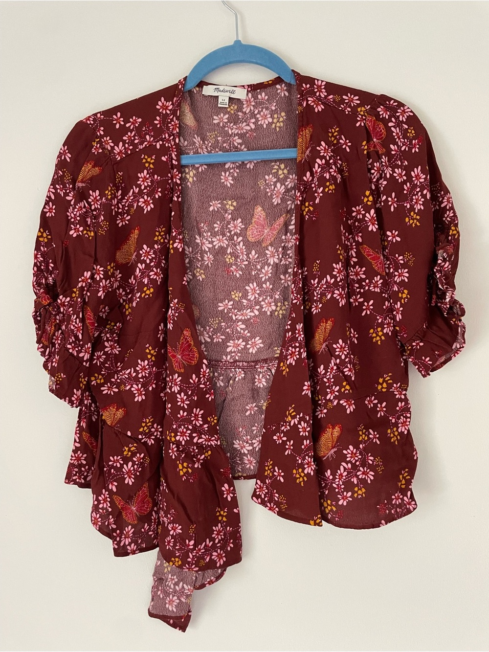 Madewell Burgundy Floral Butterfly Tie Sleeve Wrap Top 12